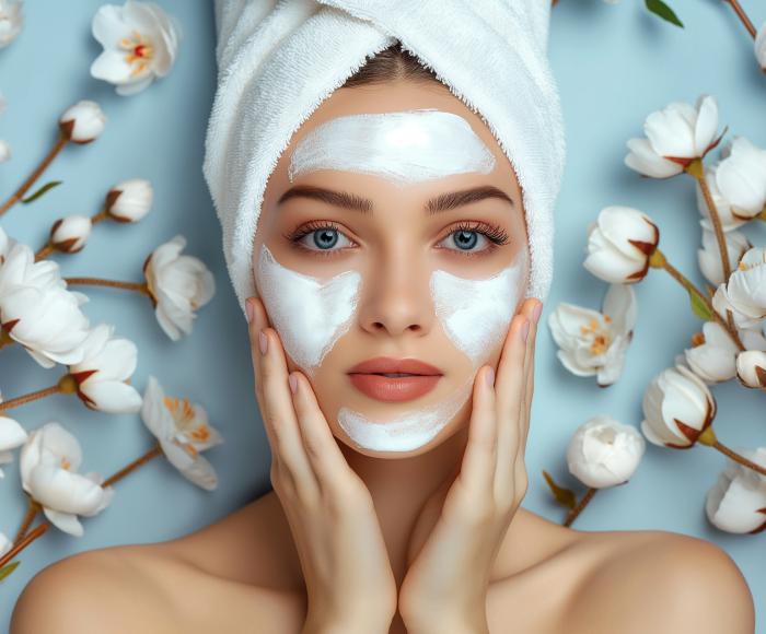 Kosmetikbehandlungen - Peeling - KI Frau mit Apfelblüten im Hintergrund